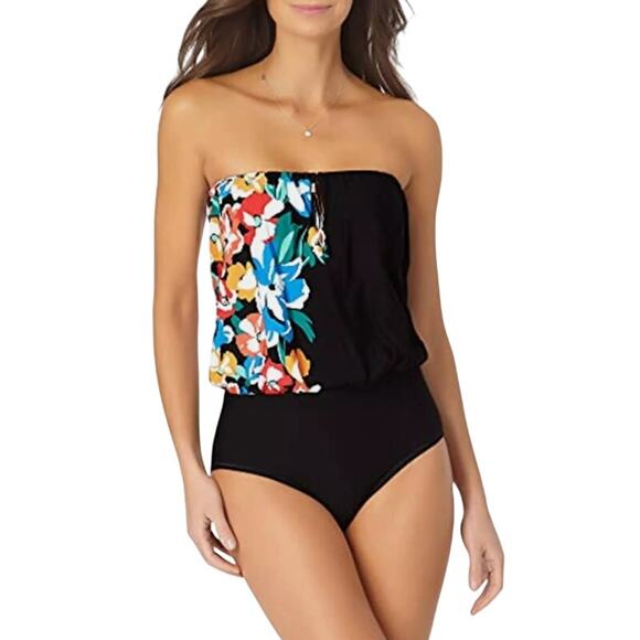 Anne Cole Strapless Black Floral One-Piece Swimsuit Women’s Swimwear - Picture 1 of 11